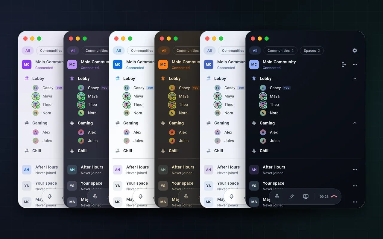 Six Moin windows side by side, each in a different theme.