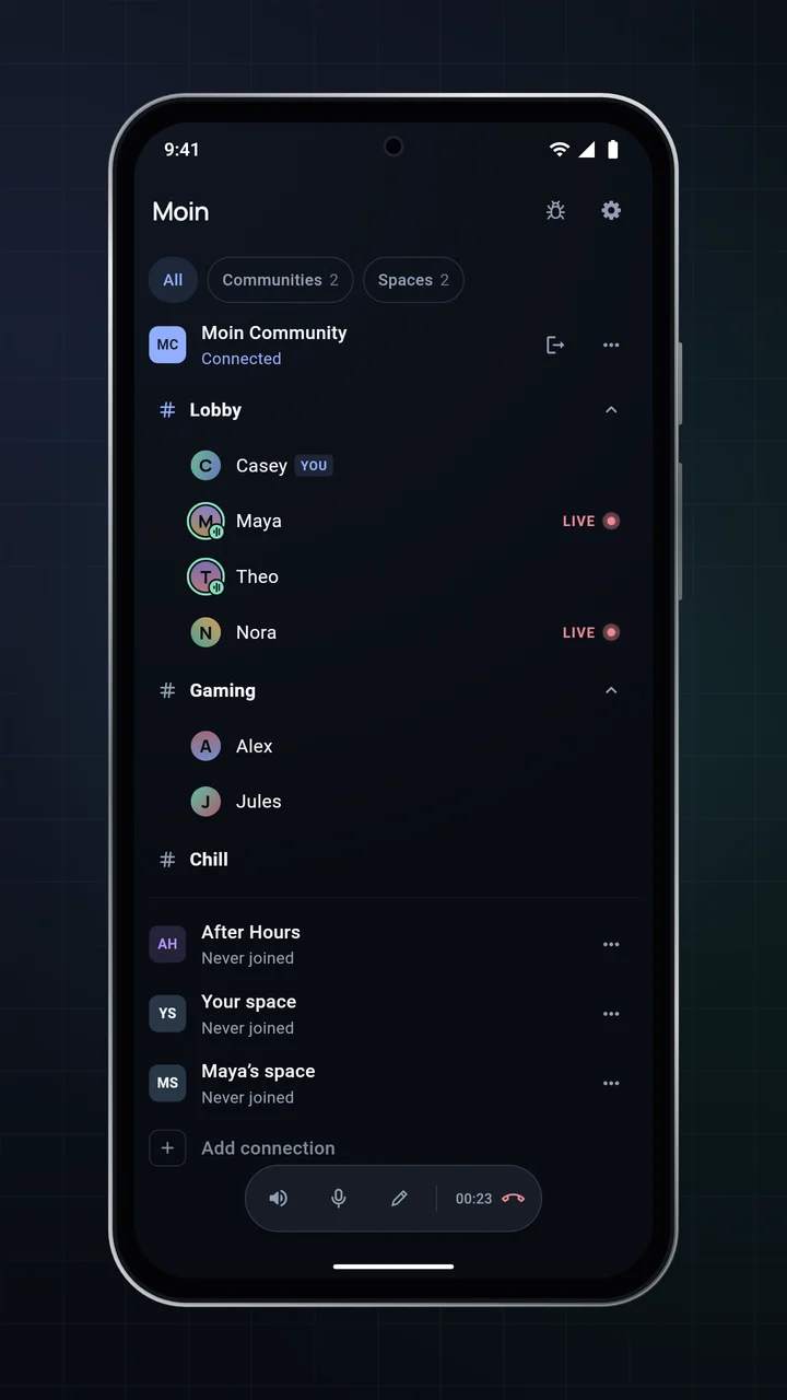 Moin on an Android phone, in a call in the Lobby.