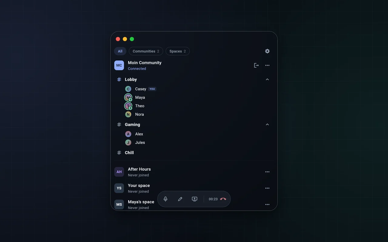 Moin on a Mac, in a call in the Moin Community’s Lobby.